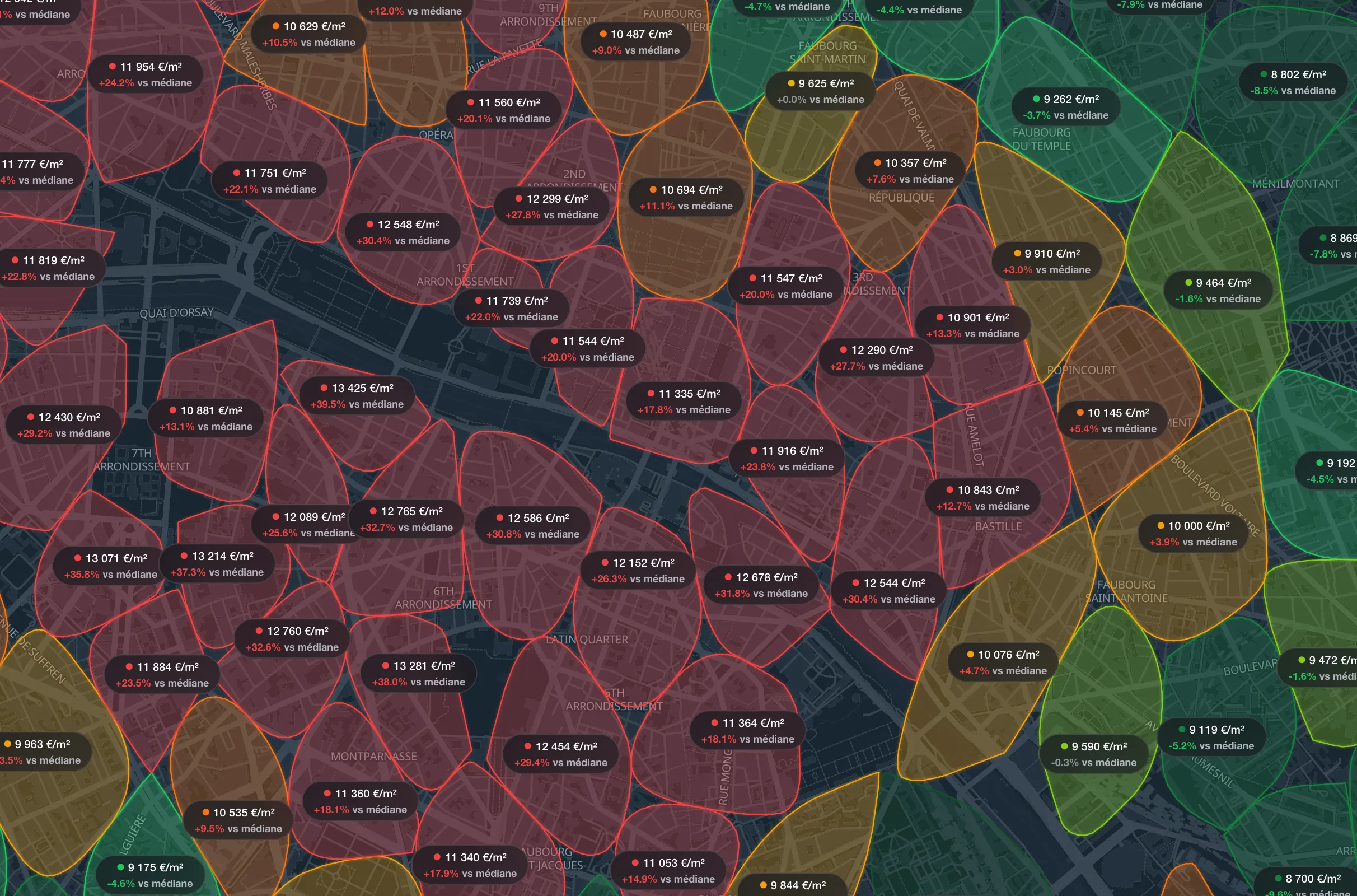 Carte Flipio du centre de Paris découpée en micro-marchés : chaque zone affiche son prix médian au m² et son écart à la médiane de la ville